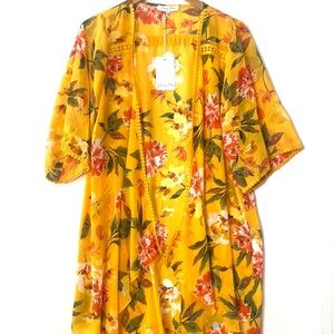 (B9) Emory Park Kimono Womens Medium Yellow Orange Floral Open Face Cardigan NWT